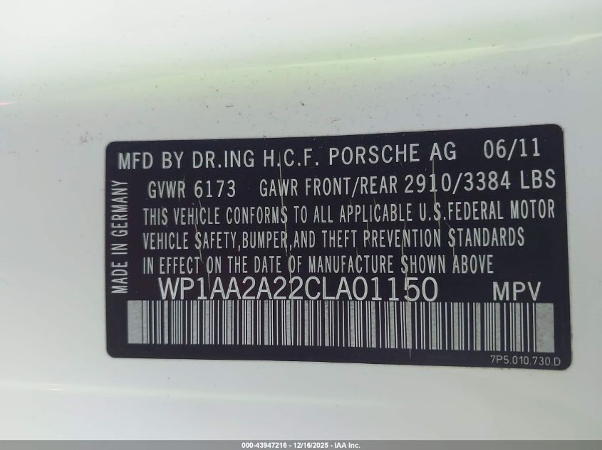 2012 Porsche Cayenne VIN: WP1AA2A22CLA01150 Lot: 43947216