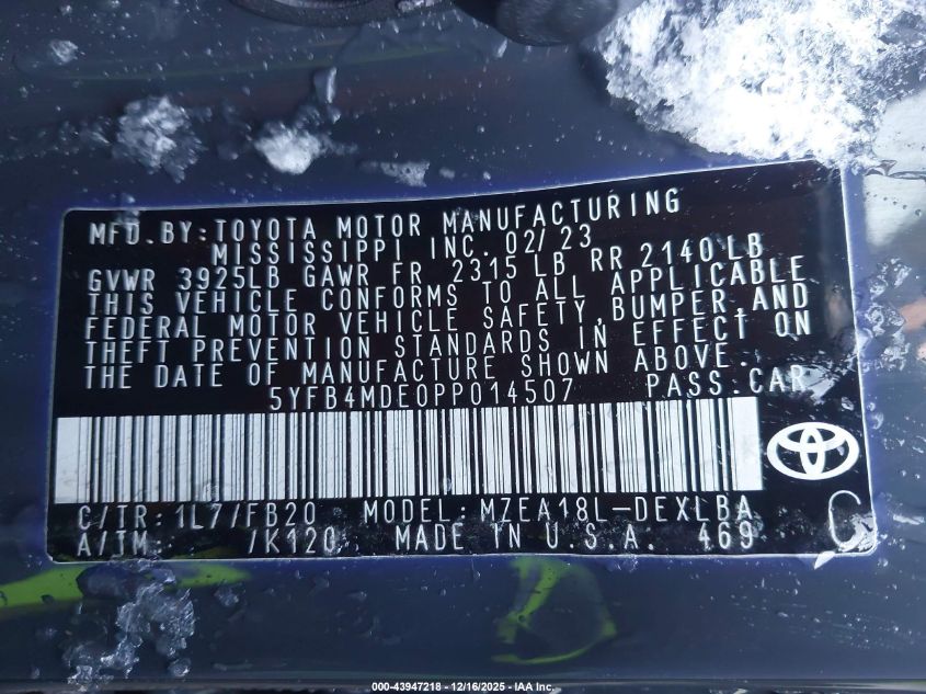 2023 Toyota Corolla Le VIN: 5YFB4MDE0PP014507 Lot: 43947218