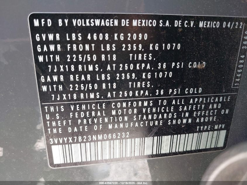 2022 Volkswagen Taos 1.5T Se VIN: 3VVYX7B23NM066232 Lot: 43947220