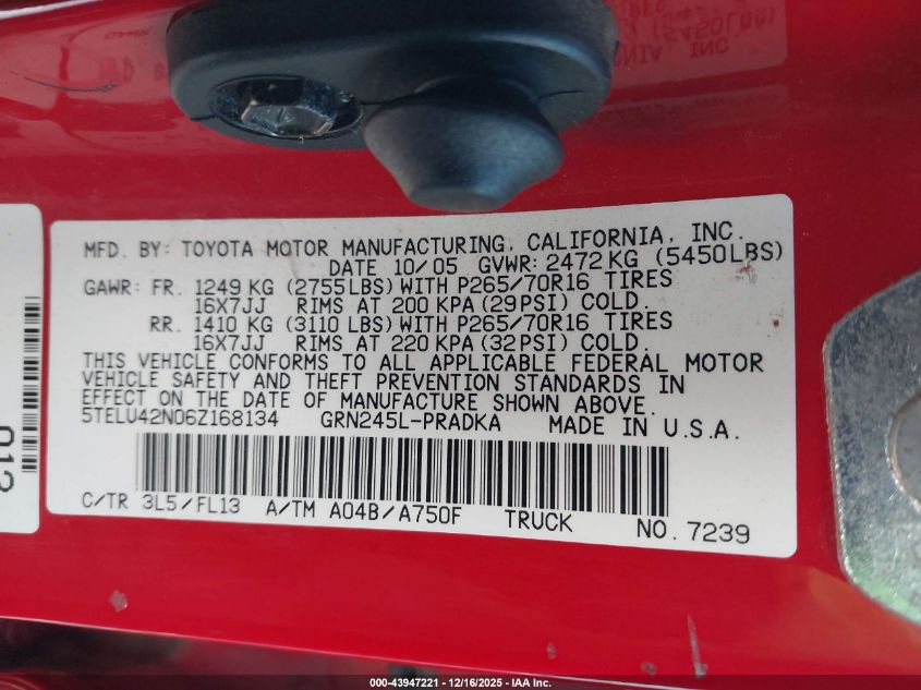 2006 Toyota Tacoma Base V6 VIN: 5TELU42N06Z168134 Lot: 43947221