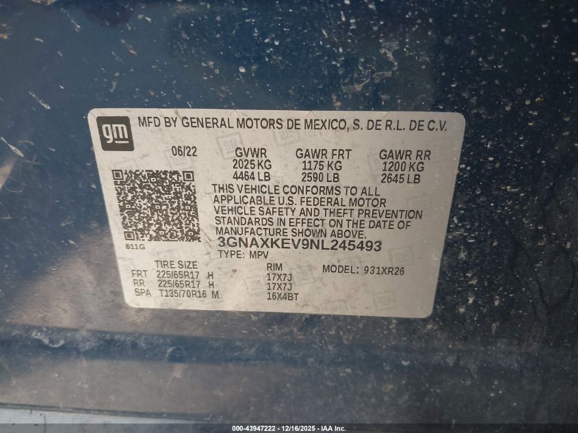 2022 Chevrolet Equinox Fwd Lt VIN: 3GNAXKEV9NL245493 Lot: 43947222