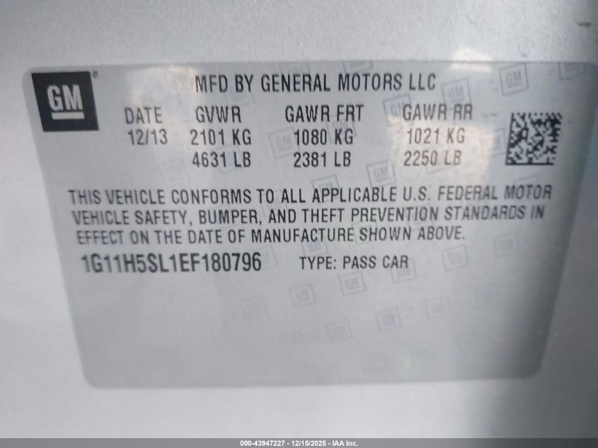 2014 Chevrolet Malibu 1Lz VIN: 1G11H5SL1EF180796 Lot: 43947227