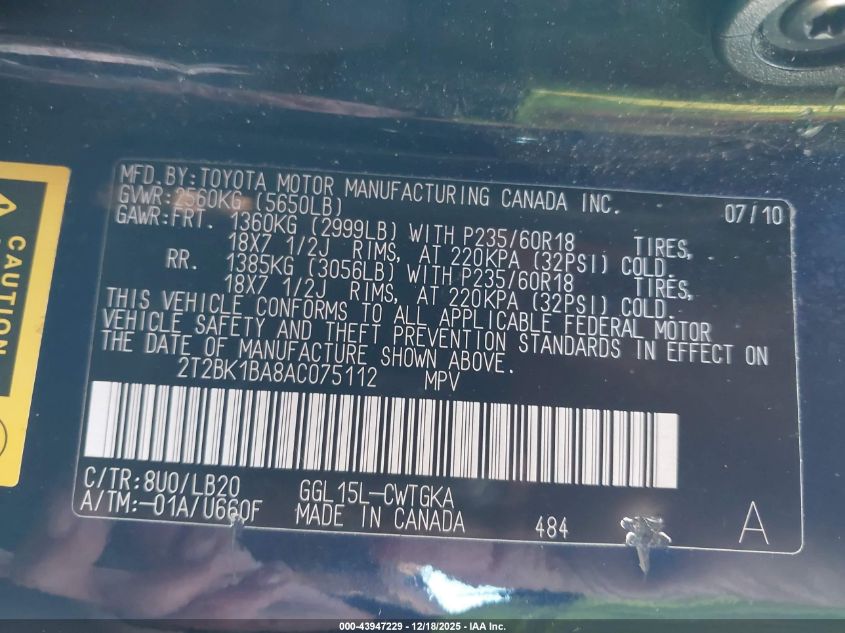 2010 Lexus Rx 350 VIN: 2T2BK1BA8AC075112 Lot: 43947229