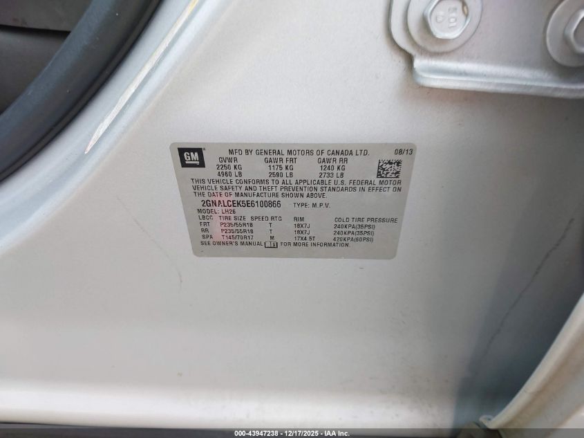 2014 Chevrolet Equinox 2Lt VIN: 2GNALCEK5E6100866 Lot: 43947238