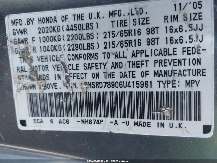 2006 Honda Cr-V Se VIN: SHSRD78906U415961 Lot: 43947242