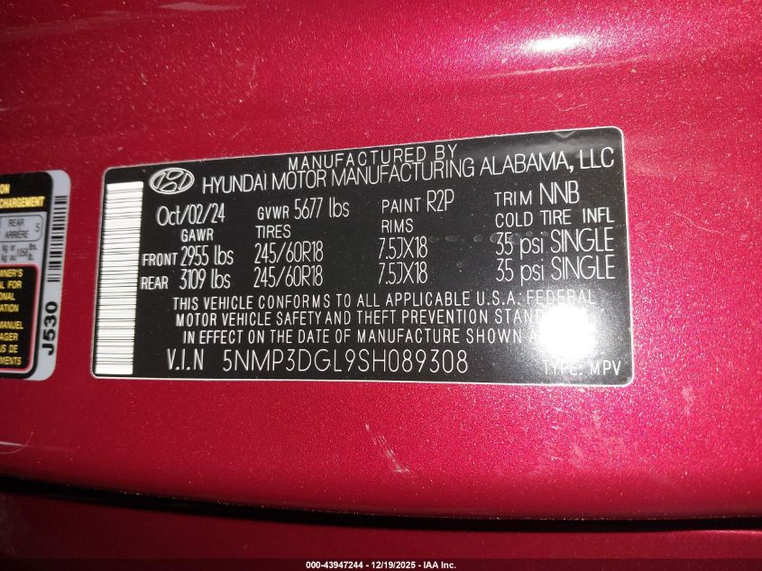 2025 Hyundai Santa Fe Xrt VIN: 5NMP3DGL9SH089308 Lot: 43947244