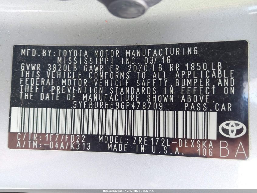 2016 Toyota Corolla S Plus VIN: 5YFBURHE9GP478709 Lot: 43947245