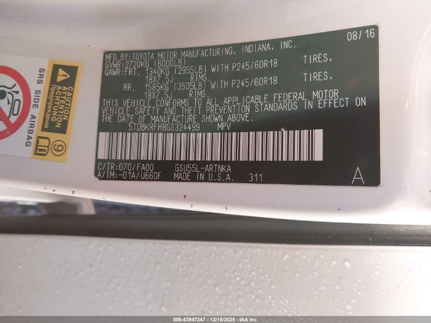 2016 Toyota Highlander Le Plus V6 VIN: 5TDBKRFH8GS324499 Lot: 43947247