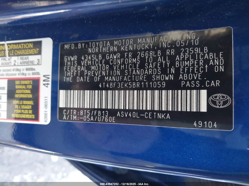 2011 Toyota Camry Le VIN: 4T4BF3EK5BR111059 Lot: 43947252