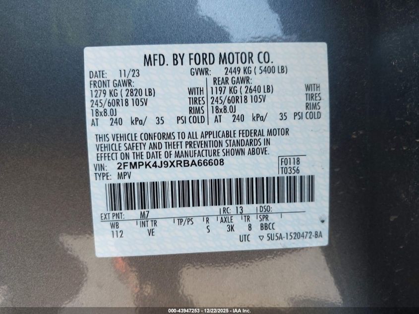 2024 Ford Edge Sel VIN: 2FMPK4J9XRBA66608 Lot: 43947253