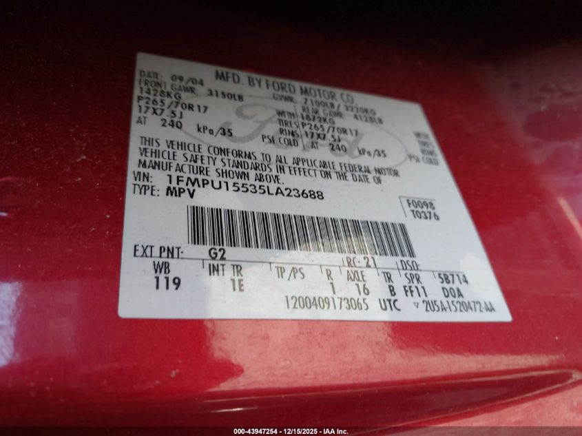 2005 Ford Expedition Xlt VIN: 1FMPU15535LA23688 Lot: 43947254