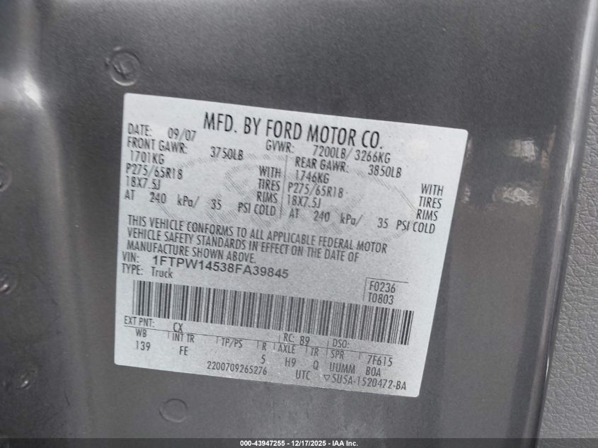 2008 Ford F-150 60Th Anniversary/Fx4/King Ranch/Lariat/Limited/Xlt VIN: 1FTPW14538FA39845 Lot: 43947255