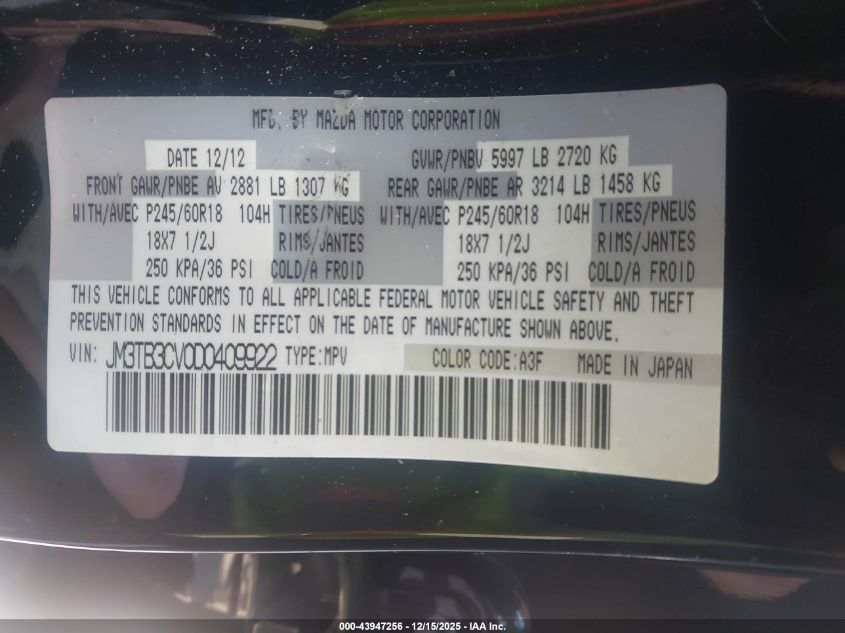 2013 Mazda Cx-9 Touring VIN: JM3TB3CV0D0409922 Lot: 43947256