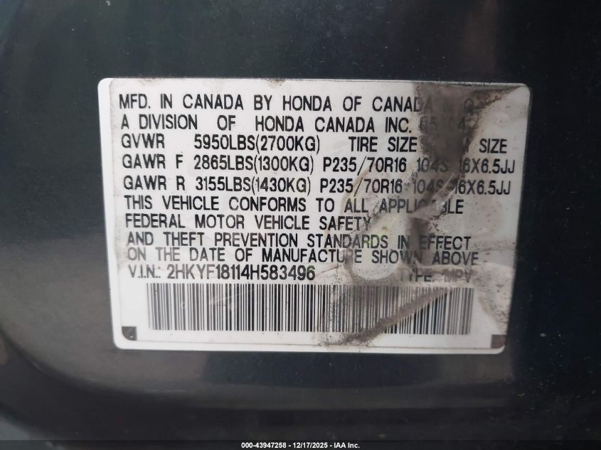 2004 Honda Pilot Lx VIN: 2HKYF18114H583496 Lot: 43947258