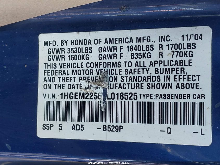 2005 Honda Civic Lx VIN: 1HGEM22565L018525 Lot: 43947261