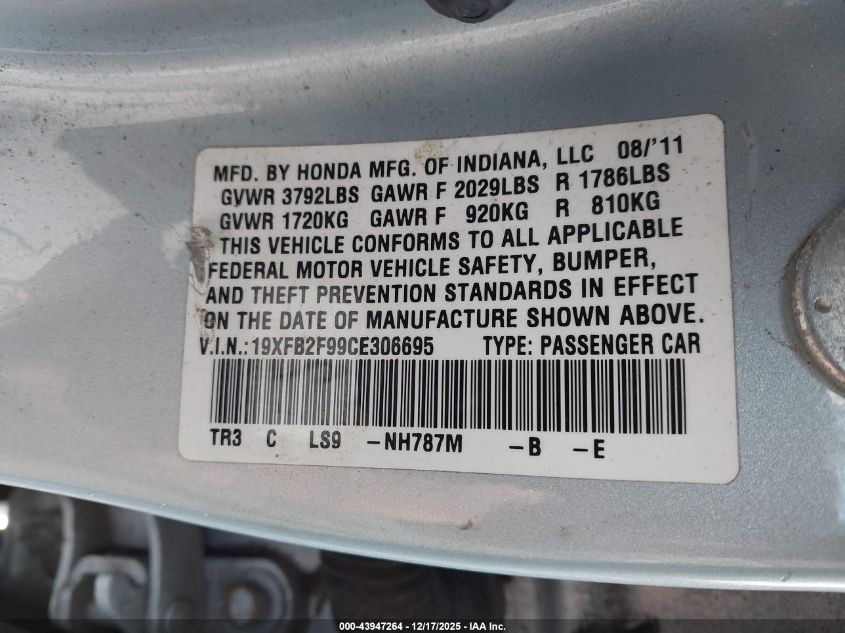 2012 Honda Civic Ex-L VIN: 19XFB2F99CE306695 Lot: 43947264