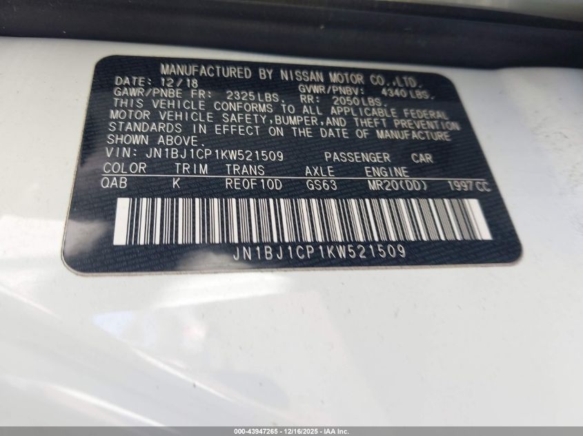 2019 Nissan Rogue Sport Sv VIN: JN1BJ1CP1KW521509 Lot: 43947265