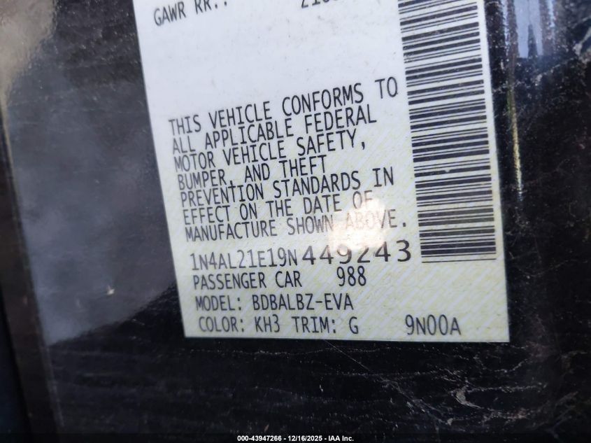 2009 Nissan Altima 2.5 S VIN: 1N4AL21E19N449243 Lot: 43947266