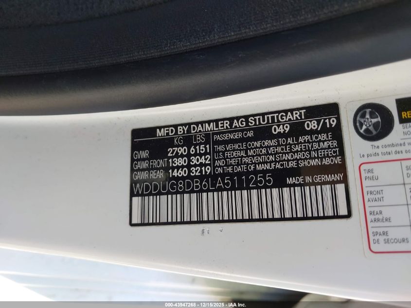 2020 Mercedes-Benz S 560 VIN: WDDUG8DB6LA511255 Lot: 43947268