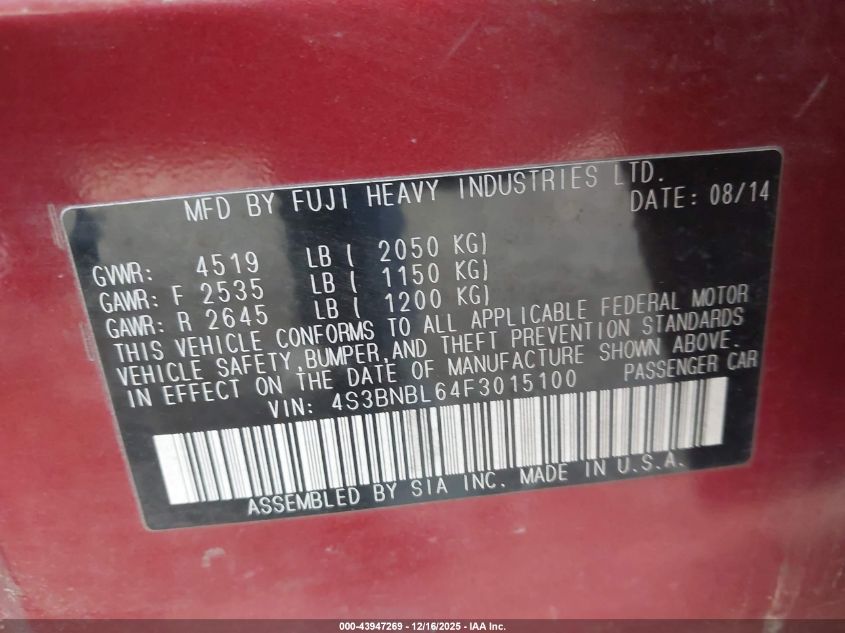 2015 Subaru Legacy 2.5I Limited VIN: 4S3BNBL64F3015100 Lot: 43947269