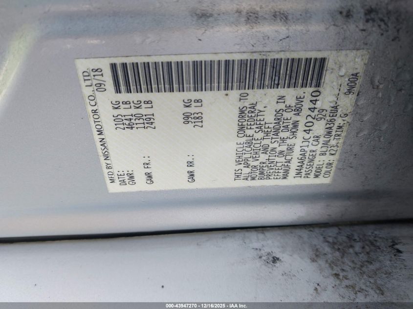 2018 Nissan Maxima 3.5 S VIN: 1N4AA6AP1JC402440 Lot: 43947270