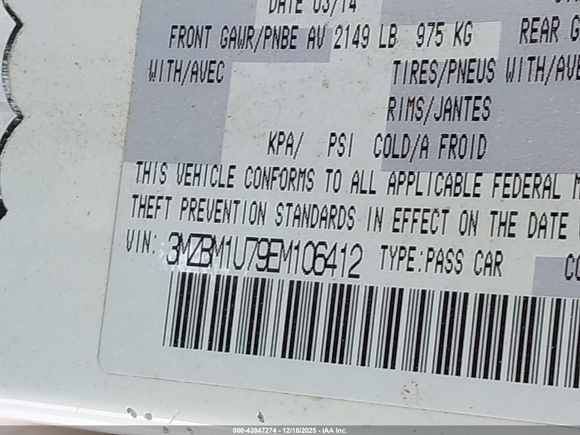 2014 Mazda Mazda3 I Sport VIN: 3MZBM1U79EM106412 Lot: 43947274