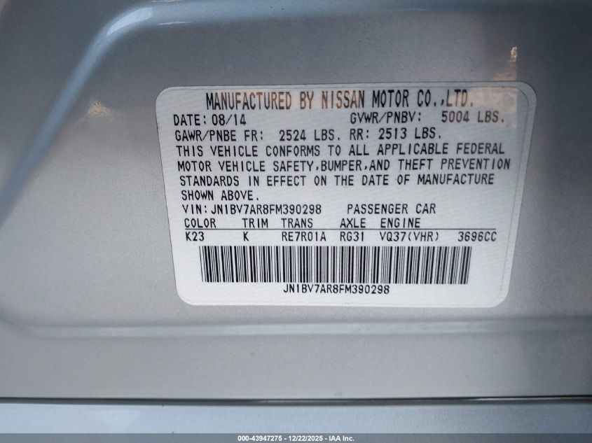 2015 Infiniti Q50 Sport VIN: JN1BV7AR8FM390298 Lot: 43947275