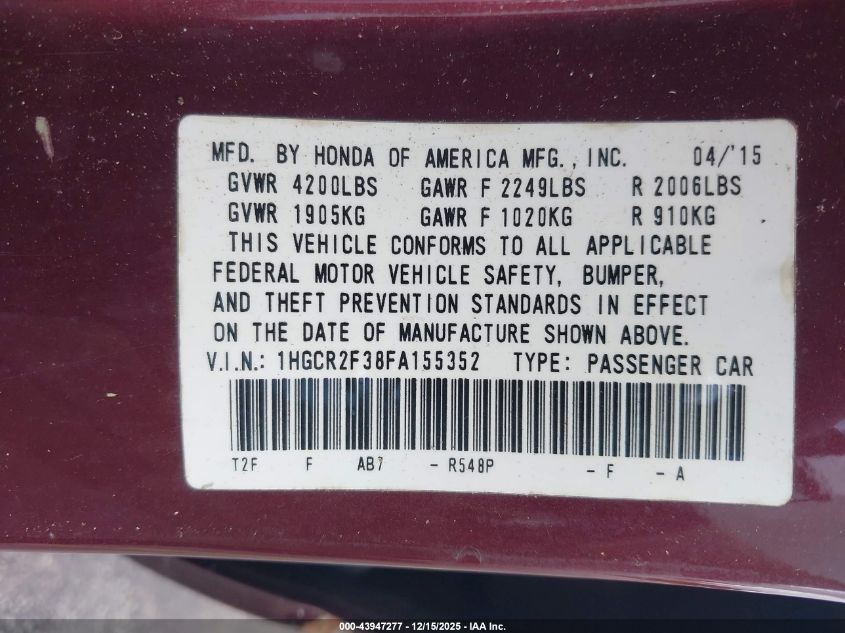 2015 Honda Accord Lx VIN: 1HGCR2F38FA155352 Lot: 43947277