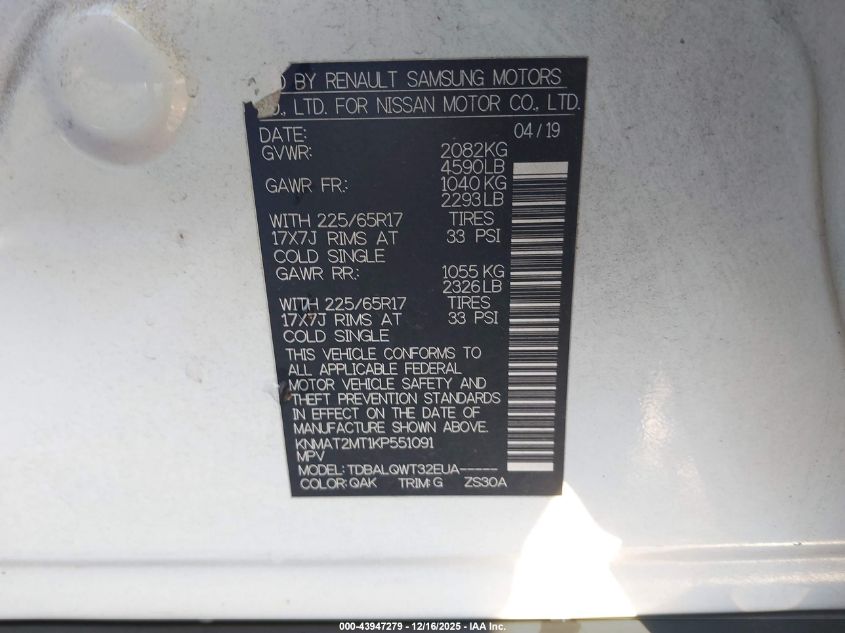 2019 Nissan Rogue Sv VIN: KNMAT2MT1KP551091 Lot: 43947279