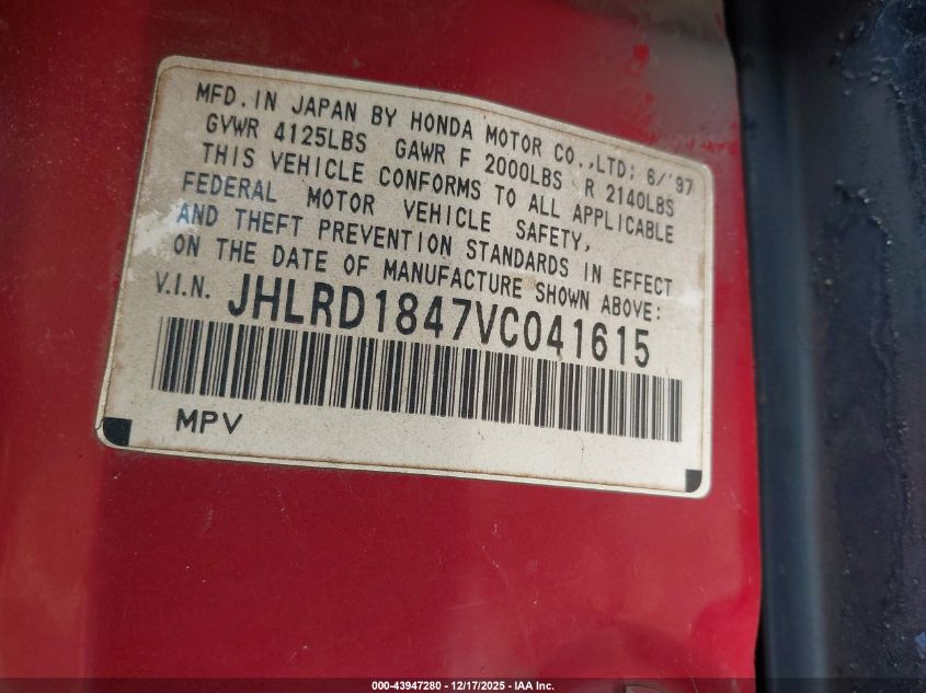 1997 Honda Cr-V VIN: JHLRD1847VC041615 Lot: 43947280