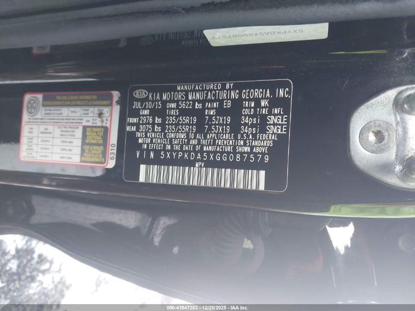 2016 Kia Sorento 3.3L Sxl VIN: 5XYPKDA5XGG087579 Lot: 43947283