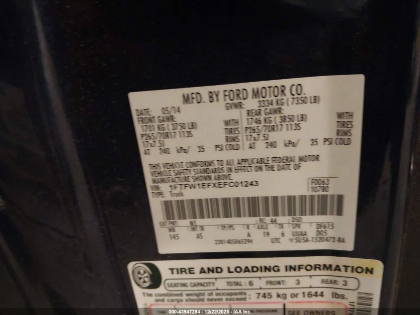 2014 Ford F-150 Xl VIN: 1FTFW1EFXEFC01243 Lot: 43947284