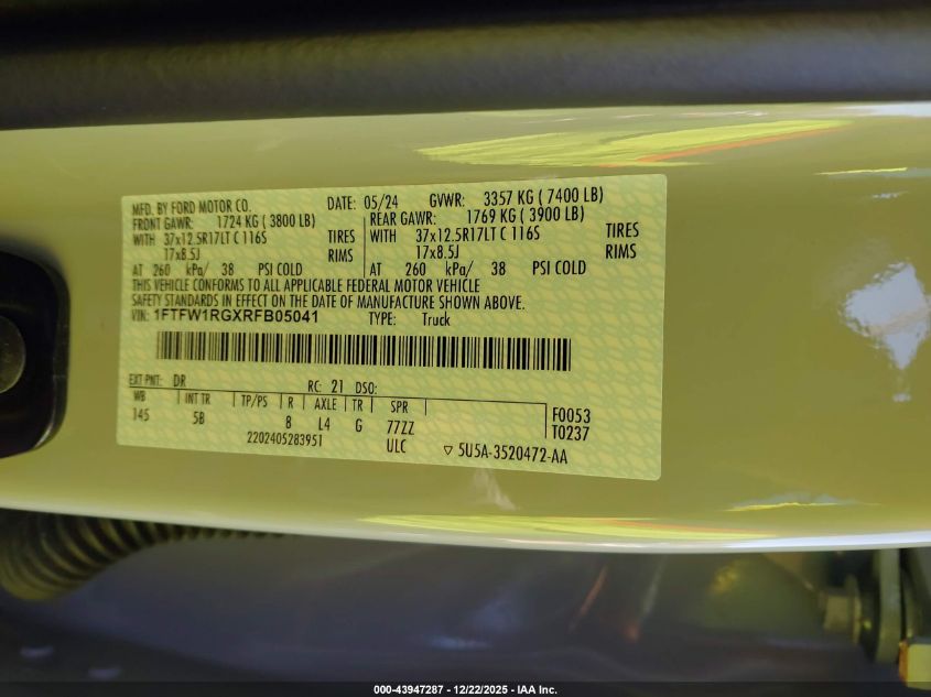 2024 Ford F-150 Raptor VIN: 1FTFW1RGXRFB05041 Lot: 43947287