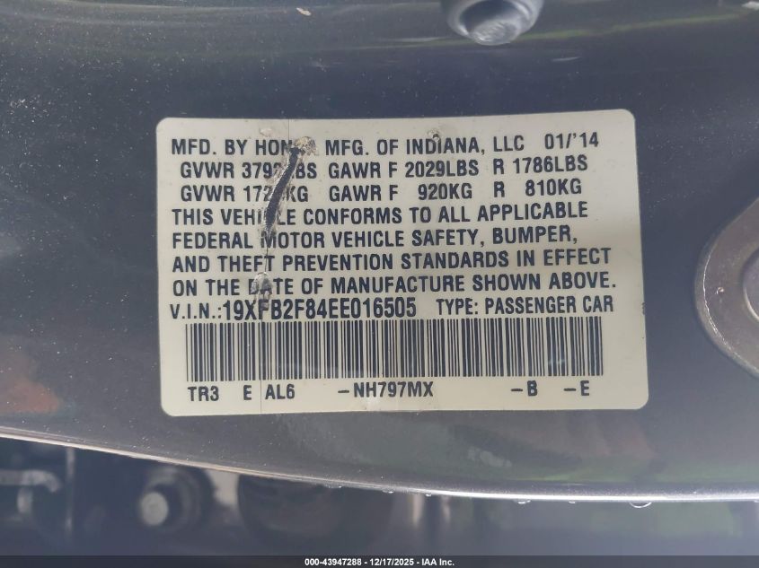 2014 Honda Civic Ex VIN: 19XFB2F84EE016505 Lot: 43947288
