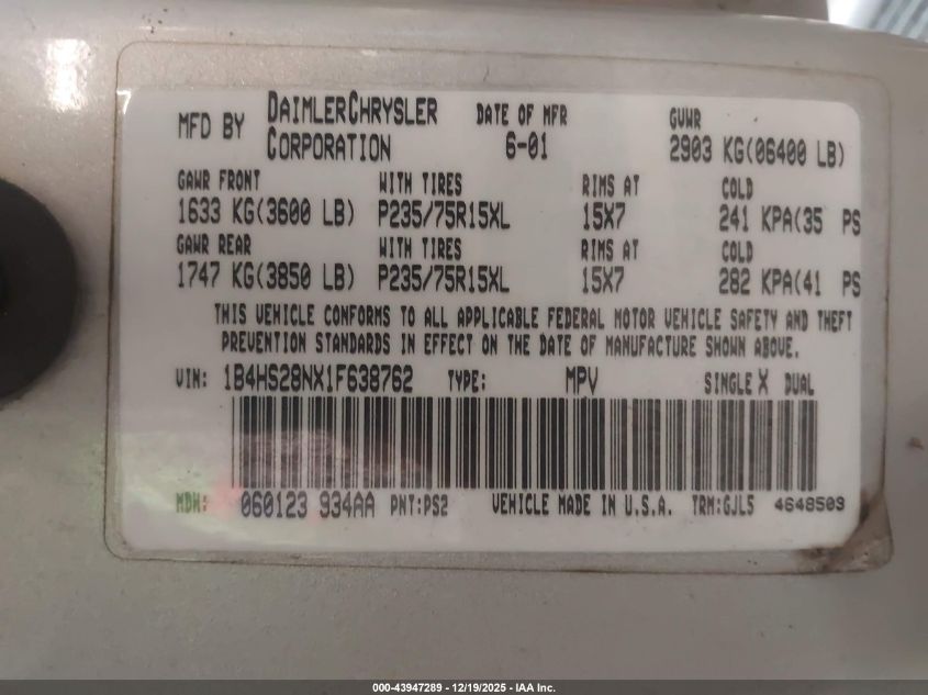 2001 Dodge Durango VIN: 1B4HS28NX1F638762 Lot: 43947289