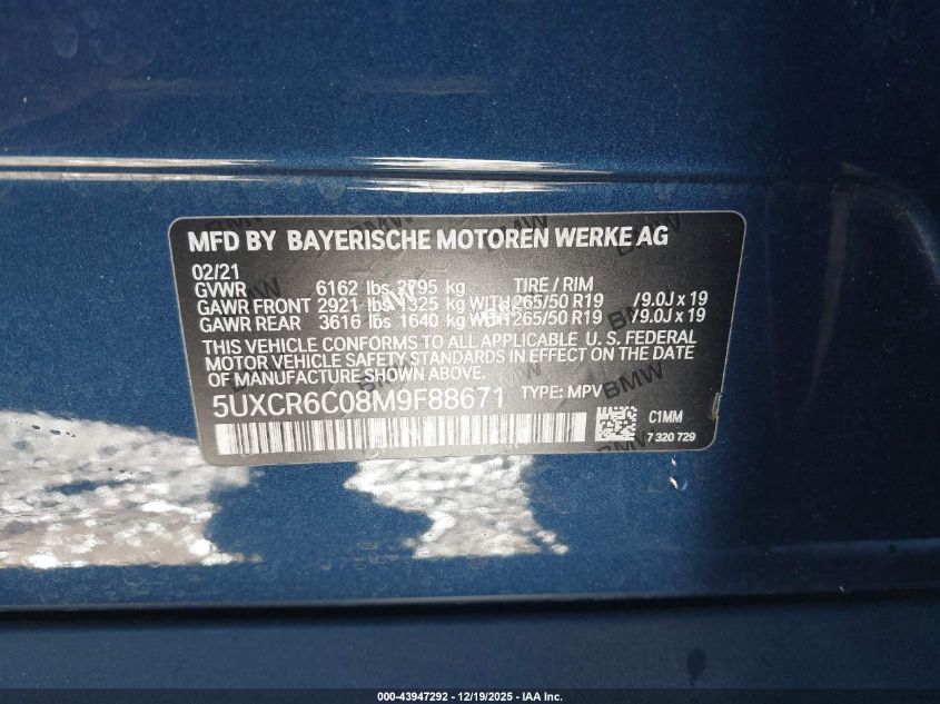 2021 BMW X5 xDrive40I VIN: 5UXCR6C08M9F88671 Lot: 43947292