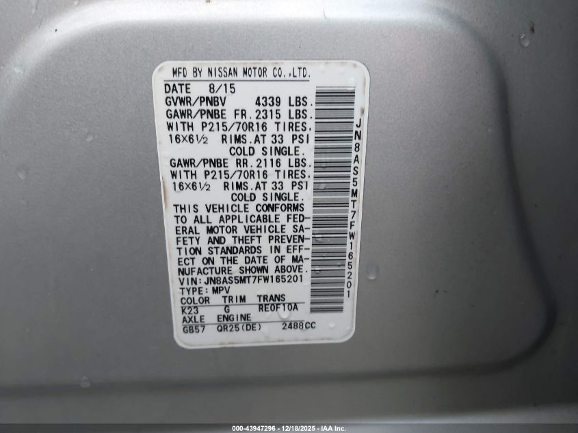 2015 Nissan Rogue Select S VIN: JN8AS5MT7FW165201 Lot: 43947296