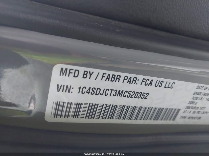 2021 Dodge Durango R/T VIN: 1C4SDJCT3MC520352 Lot: 43947300