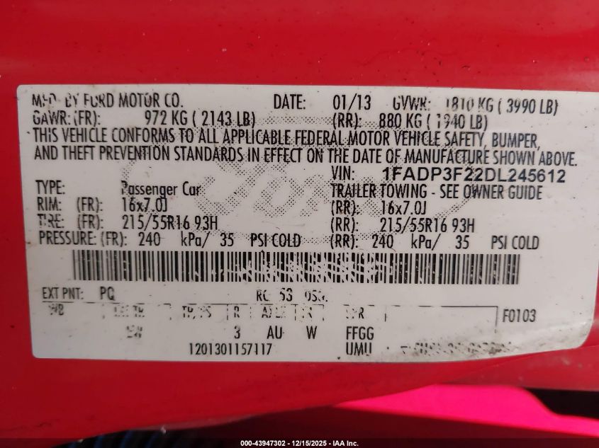 2013 Ford Focus Se VIN: 1FADP3F22DL245612 Lot: 43947302