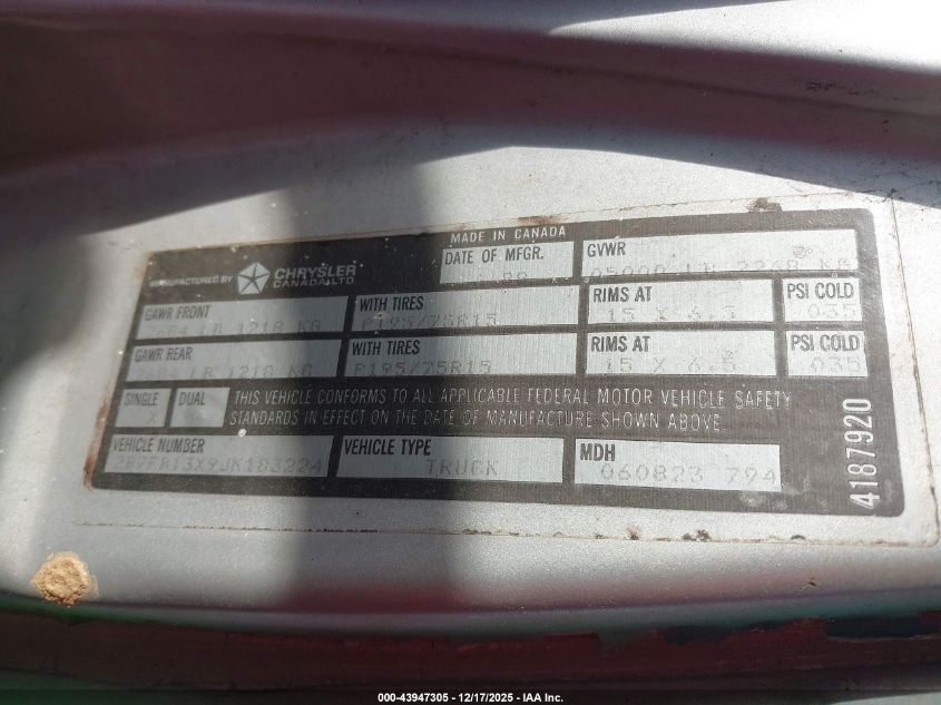 1988 Dodge Ram Van B150 VIN: 2B7FB13X9JK183224 Lot: 43947305