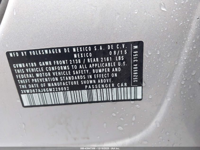 2016 Volkswagen Jetta 1.4T Se VIN: 3VWD67AJ6GM229092 Lot: 43947306