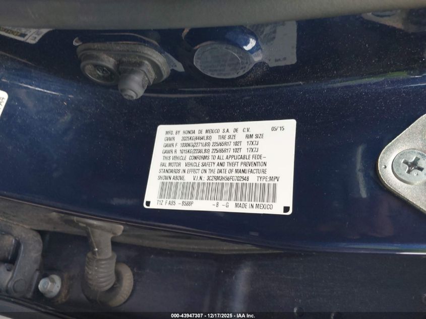 2015 Honda Cr-V Ex VIN: 3CZRM3H56FG702948 Lot: 43947307