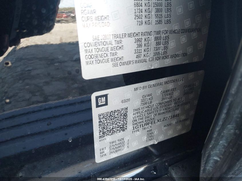 2020 GMC Sierra 1500 Denali VIN: 1GTU9FELXLZ271841 Lot: 43947310