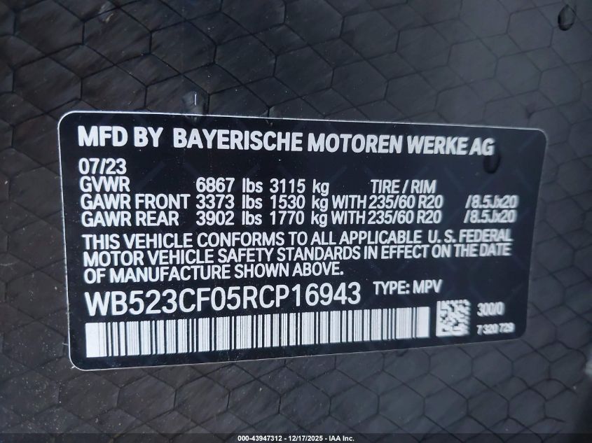 2024 BMW Ix xDrive50 VIN: WB523CF05RCP16943 Lot: 43947312