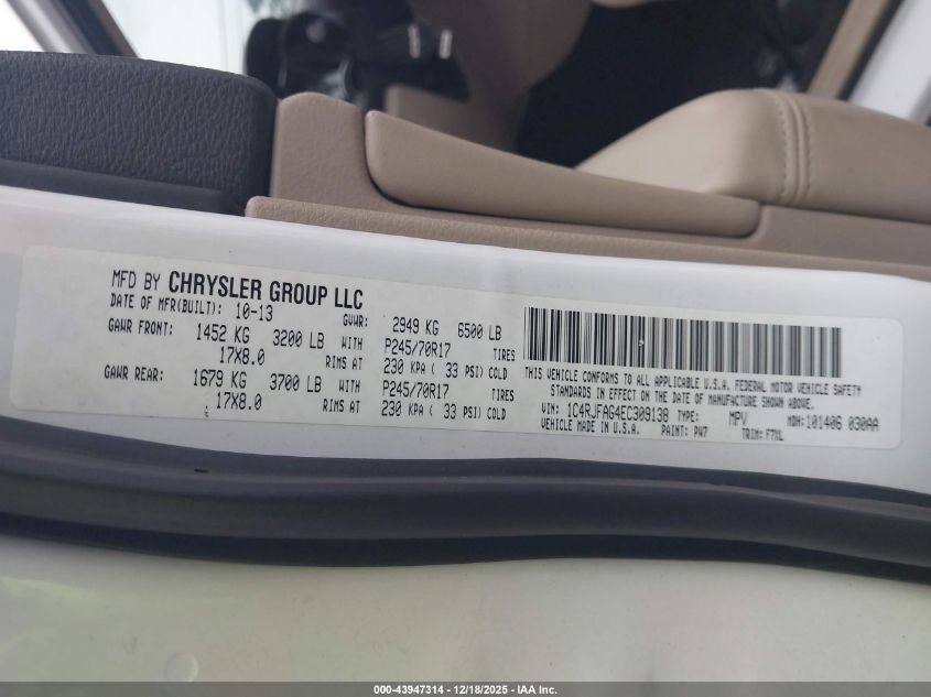 2014 Jeep Grand Cherokee Laredo VIN: 1C4RJFAG4EC309138 Lot: 43947314