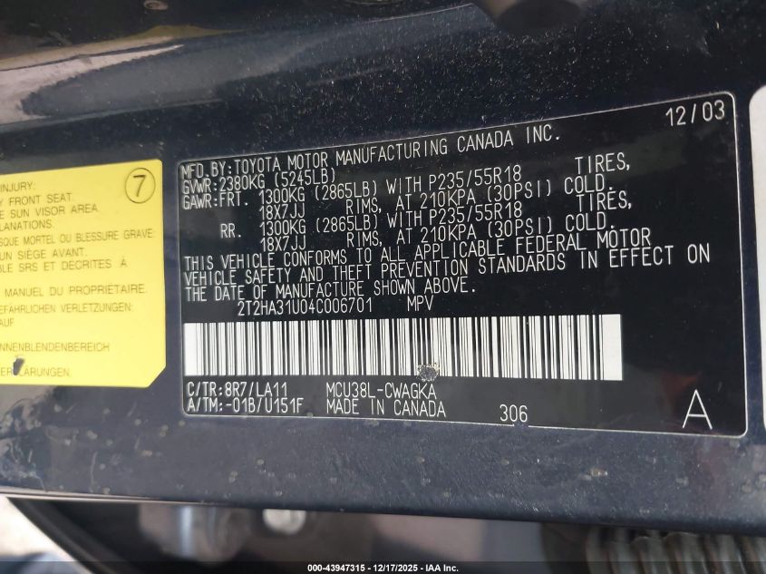 2004 Lexus Rx 330 VIN: 2T2HA31U04C006701 Lot: 43947315