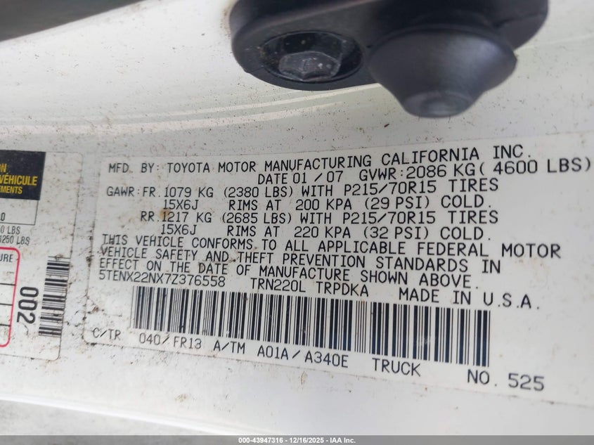 5TENX22NX7Z376558 2007 TOYOTA TACOMA photo no. 9