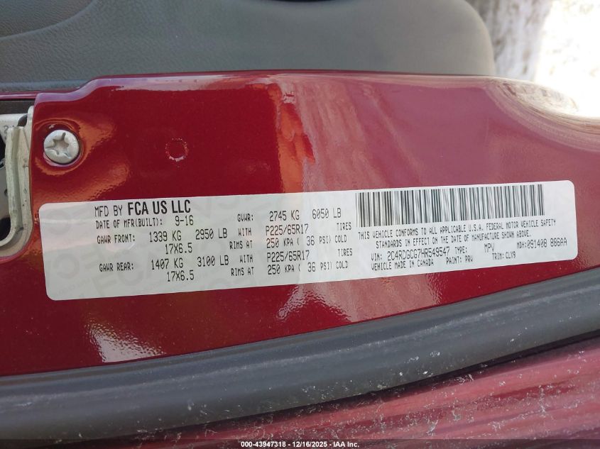 2017 Dodge Grand Caravan Sxt VIN: 2C4RDGCG7HR549547 Lot: 43947318