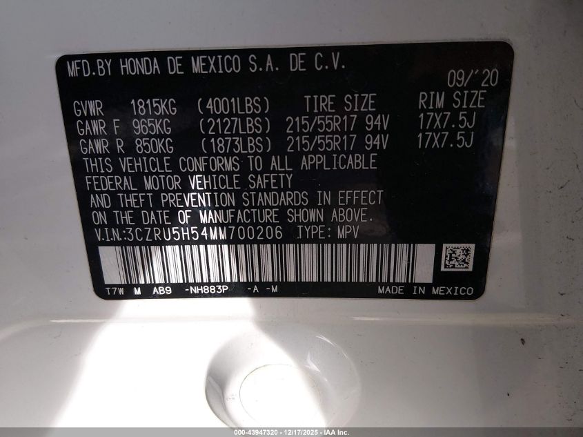 2021 Honda Hr-V 2Wd Ex VIN: 3CZRU5H54MM700206 Lot: 43947320