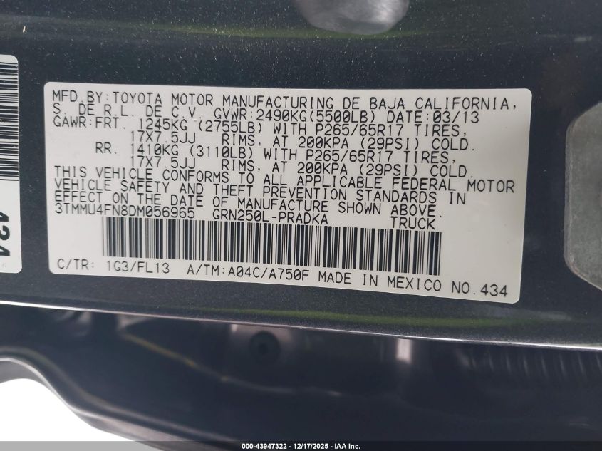 2013 Toyota Tacoma Base V6 VIN: 3TMMU4FN8DM056965 Lot: 43947322